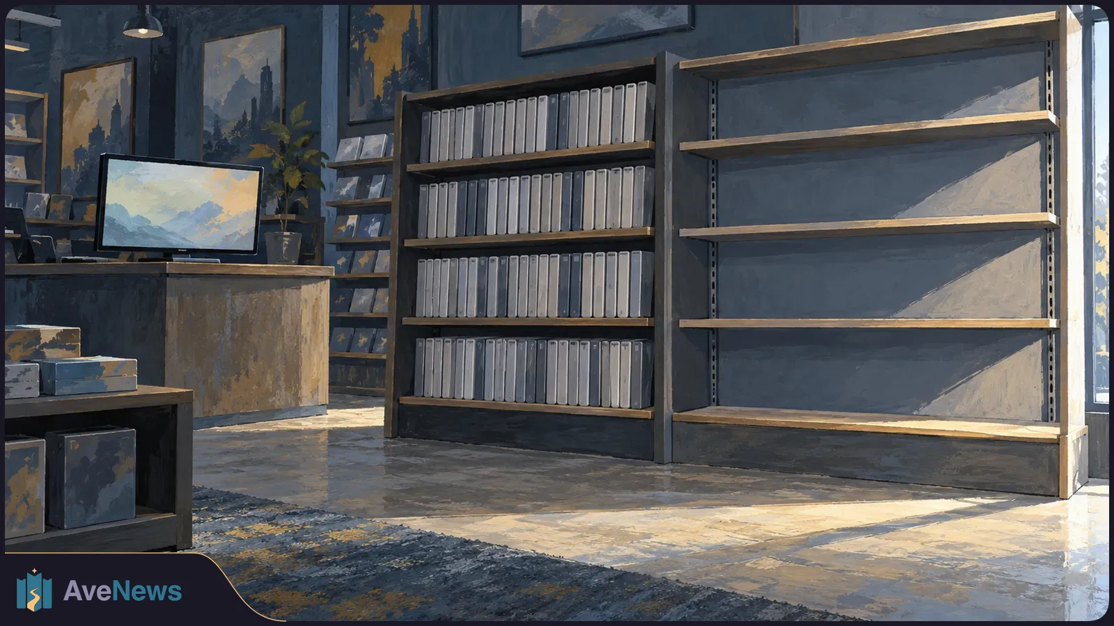 Painterly illustration of a game shop with rows of plain cases on one shelf, empty shelves beside them, and a monitor showing a mountain landscape. SI illustration