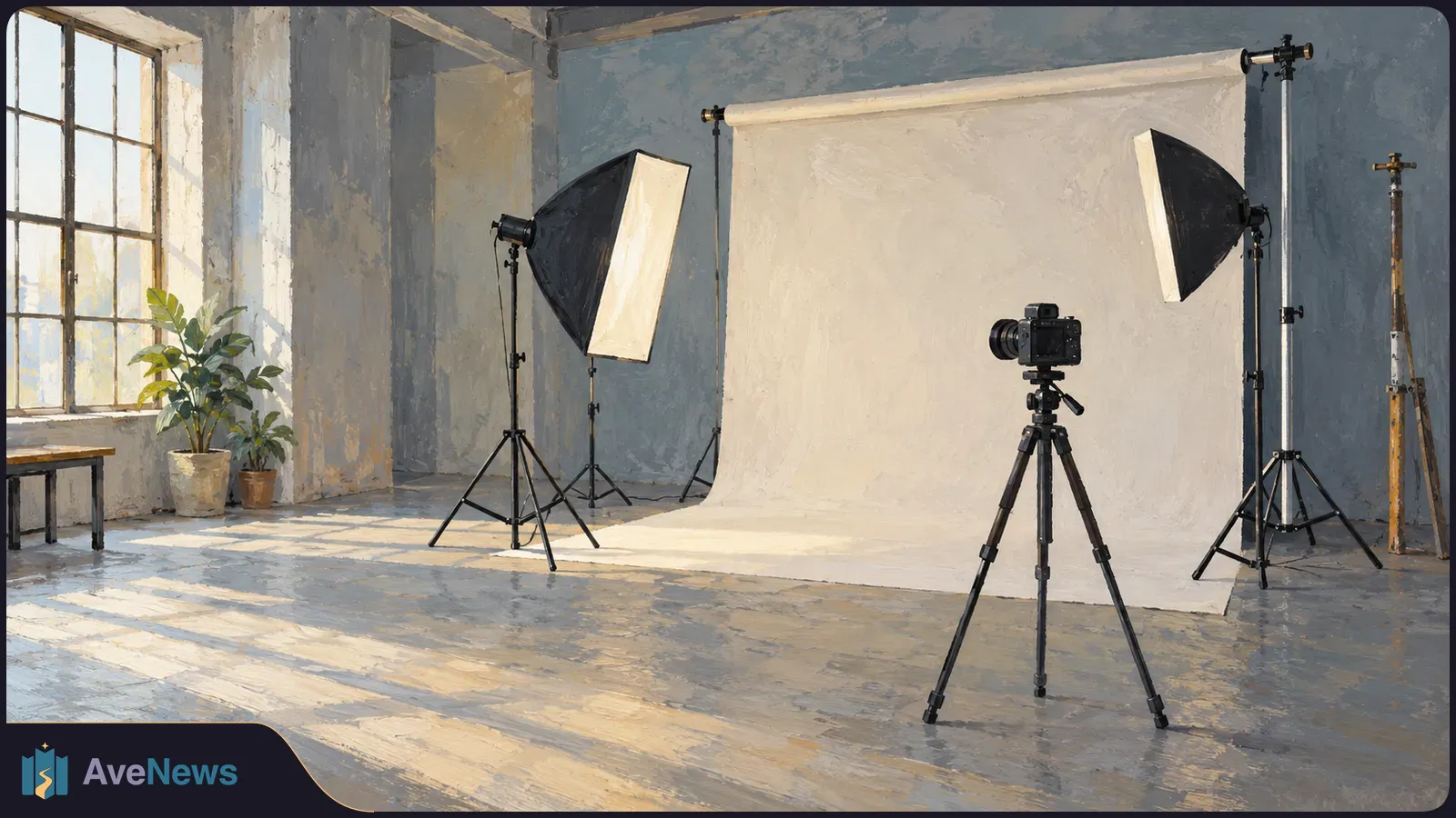 Painted photography studio with a camera on a tripod facing a blank backdrop, two softbox lights, tall windows and potted plants. SI illustration