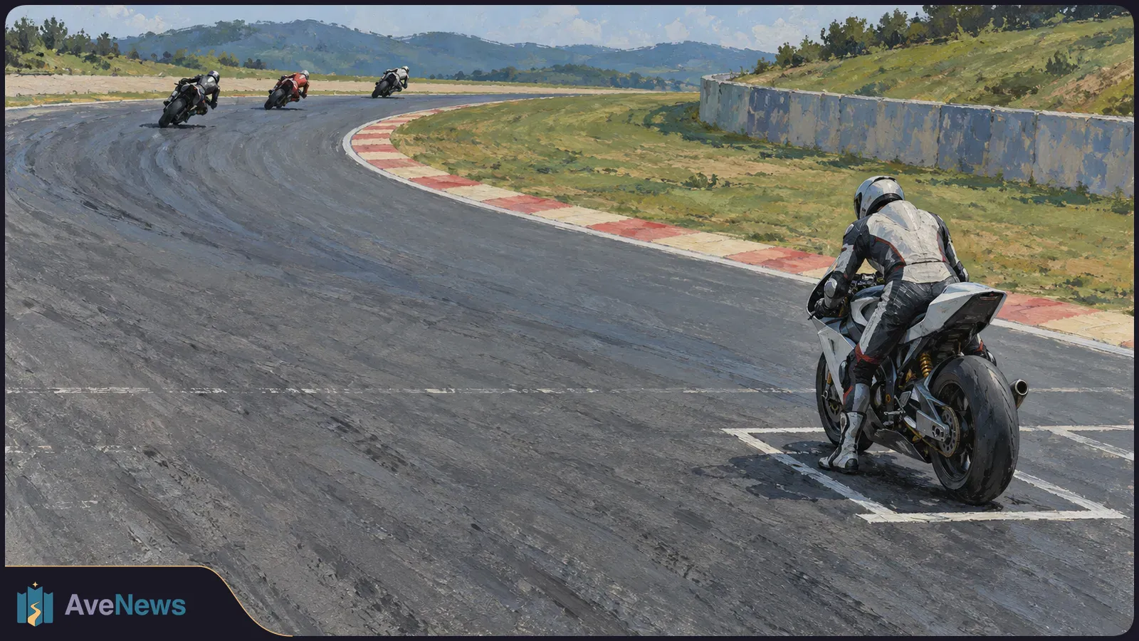 A helmeted rider sits on a white racing motorcycle with one foot down in a marked track box, while three riders lean into the bend ahead. SI illustration