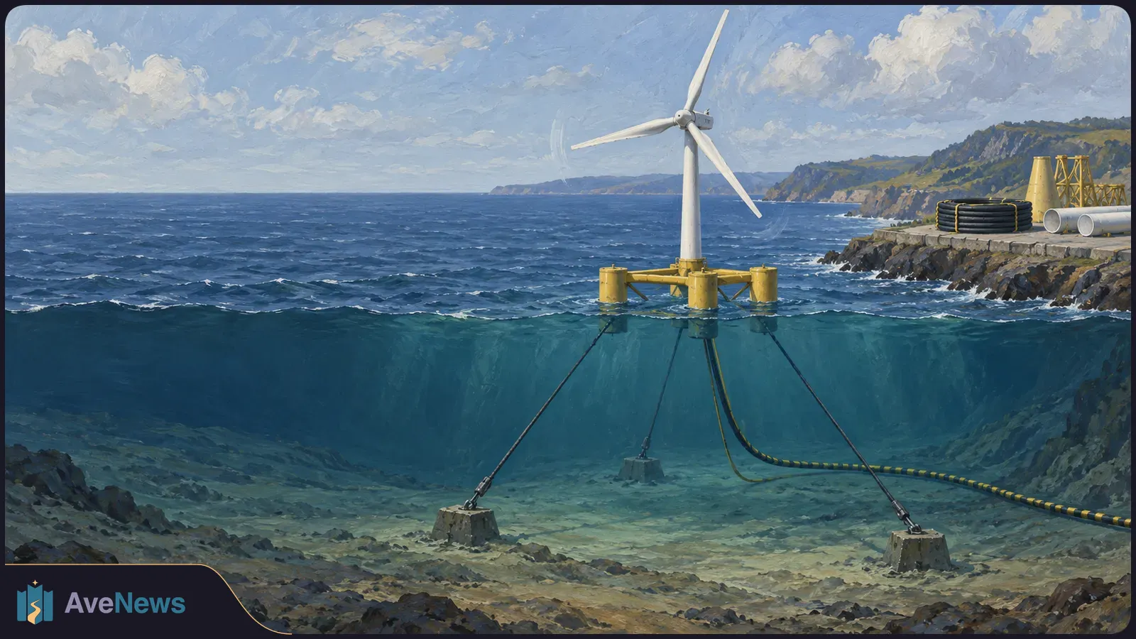 Painted cutaway of a floating wind turbine at sea, tethered to the seabed, with a cable running toward a rocky shore lined with pipes and equipment. SI illustration