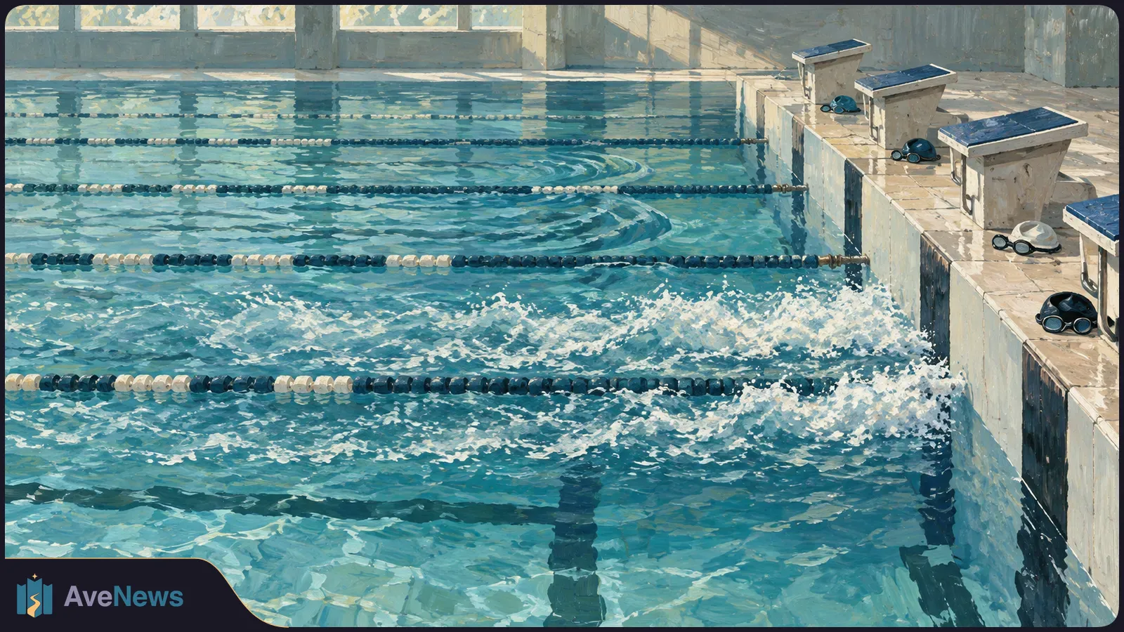 Painted indoor swimming pool with lane ropes, splashing water, and starting blocks lined with swim caps and goggles. SI illustration