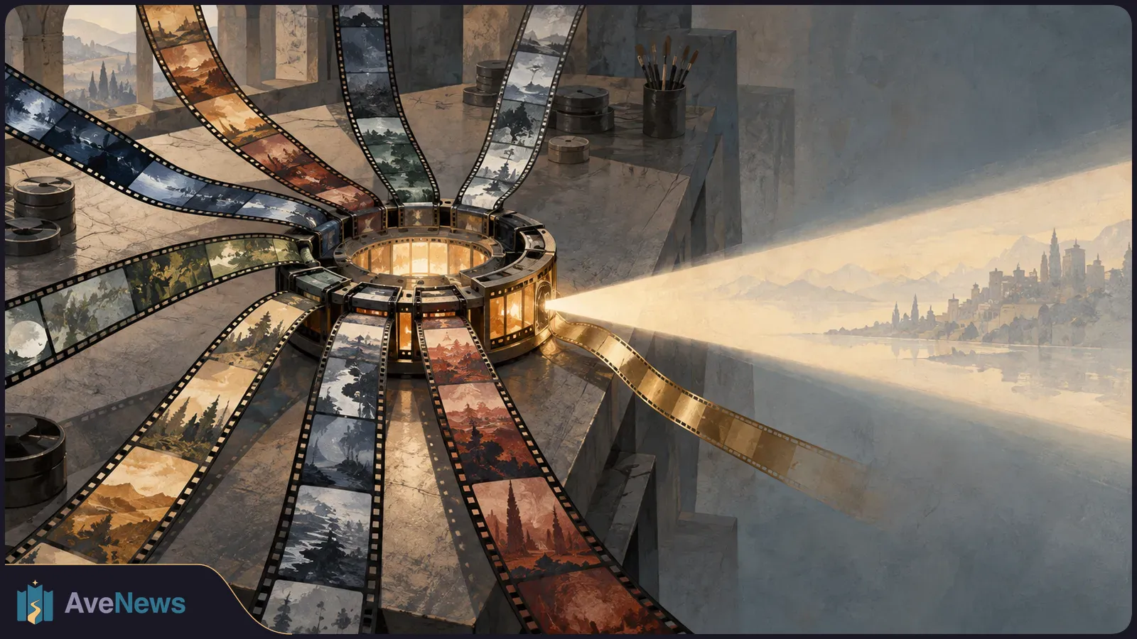 Painted filmstrips showing different landscapes converge on a glowing circular projector, which casts a beam toward a distant city skyline. SI illustration