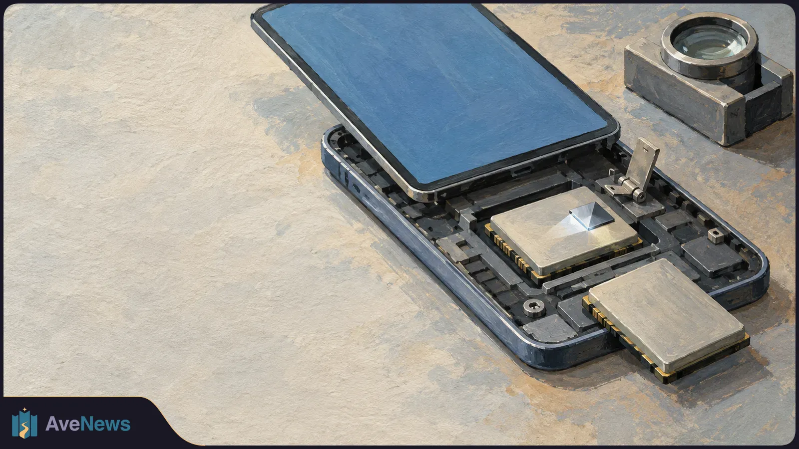 Painted illustration of an opened smartphone with a blank blue screen lifted above exposed components, two metallic chips and a camera module beside it. SI illustration