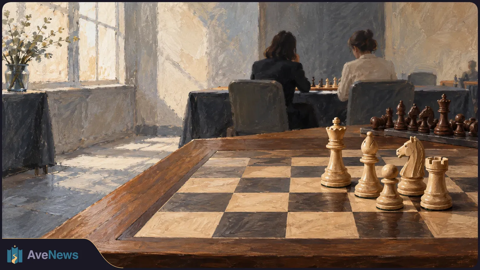 Painterly chess room with a board and pieces in the foreground; two women sit with their backs to the viewer at another board by a sunlit window. SI illustration