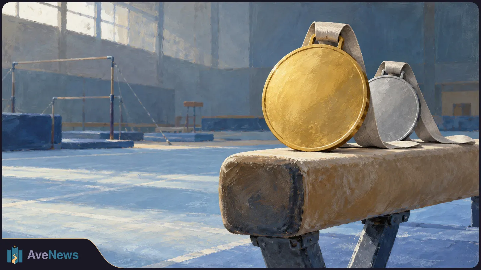Gold and silver medals rest on a balance beam in a sunlit gymnastics hall, with uneven bars in the background. SI illustration