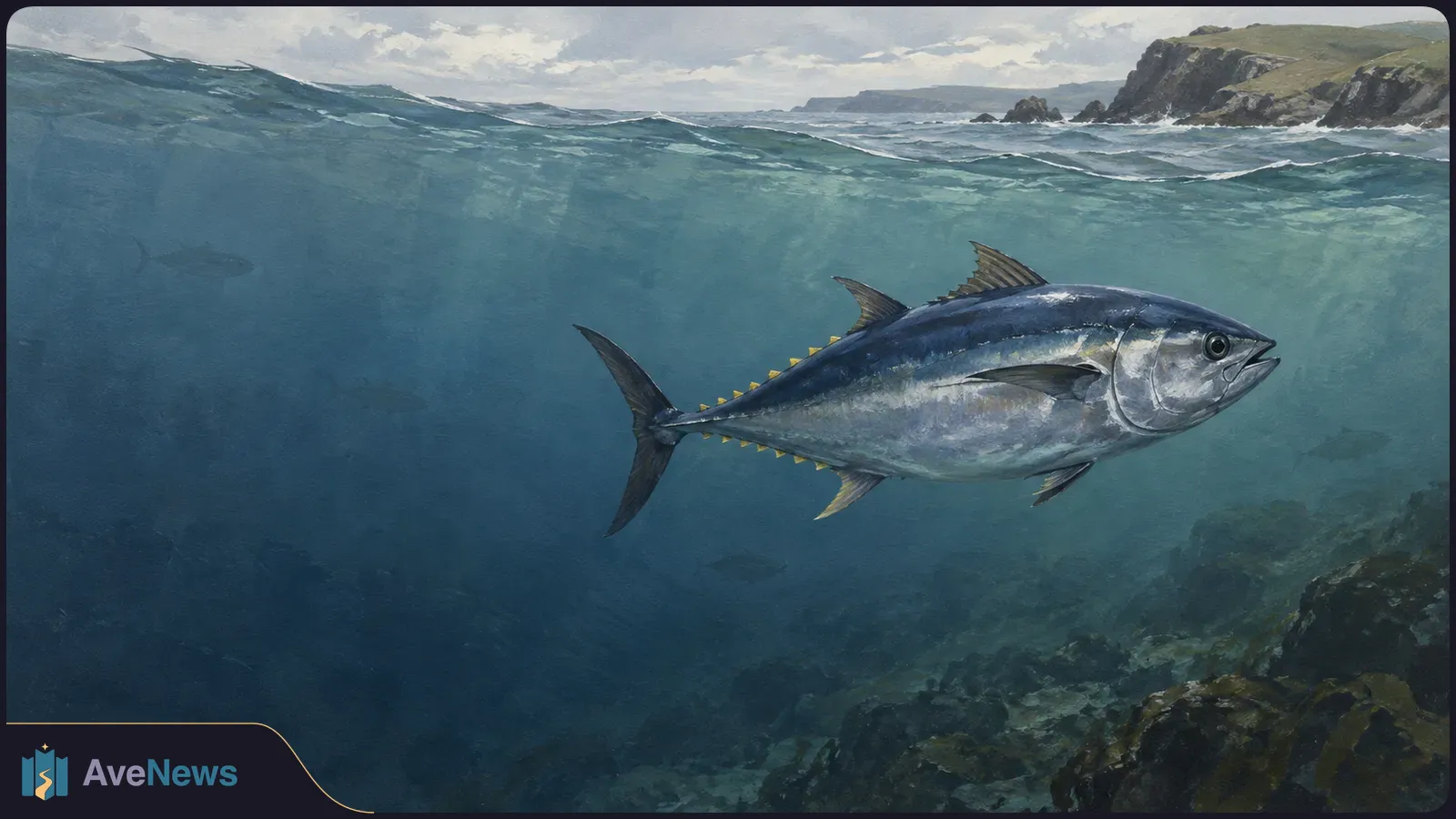A large bluefin tuna swims beneath choppy water near a rocky coast, with faint fish silhouettes in the background. SI illustration