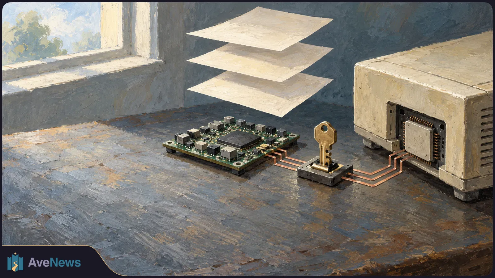 A painted scene of a circuit board linked by copper lines and a gold key to a box-shaped device. Three blank sheets float above a table by a window. SI illustration