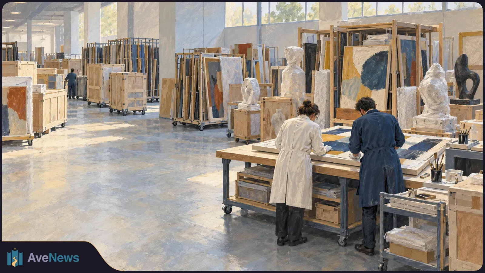 Illustration of two people examining a large artwork on a table in a spacious storage room filled with crated paintings, racks and wrapped sculptures. SI illustration