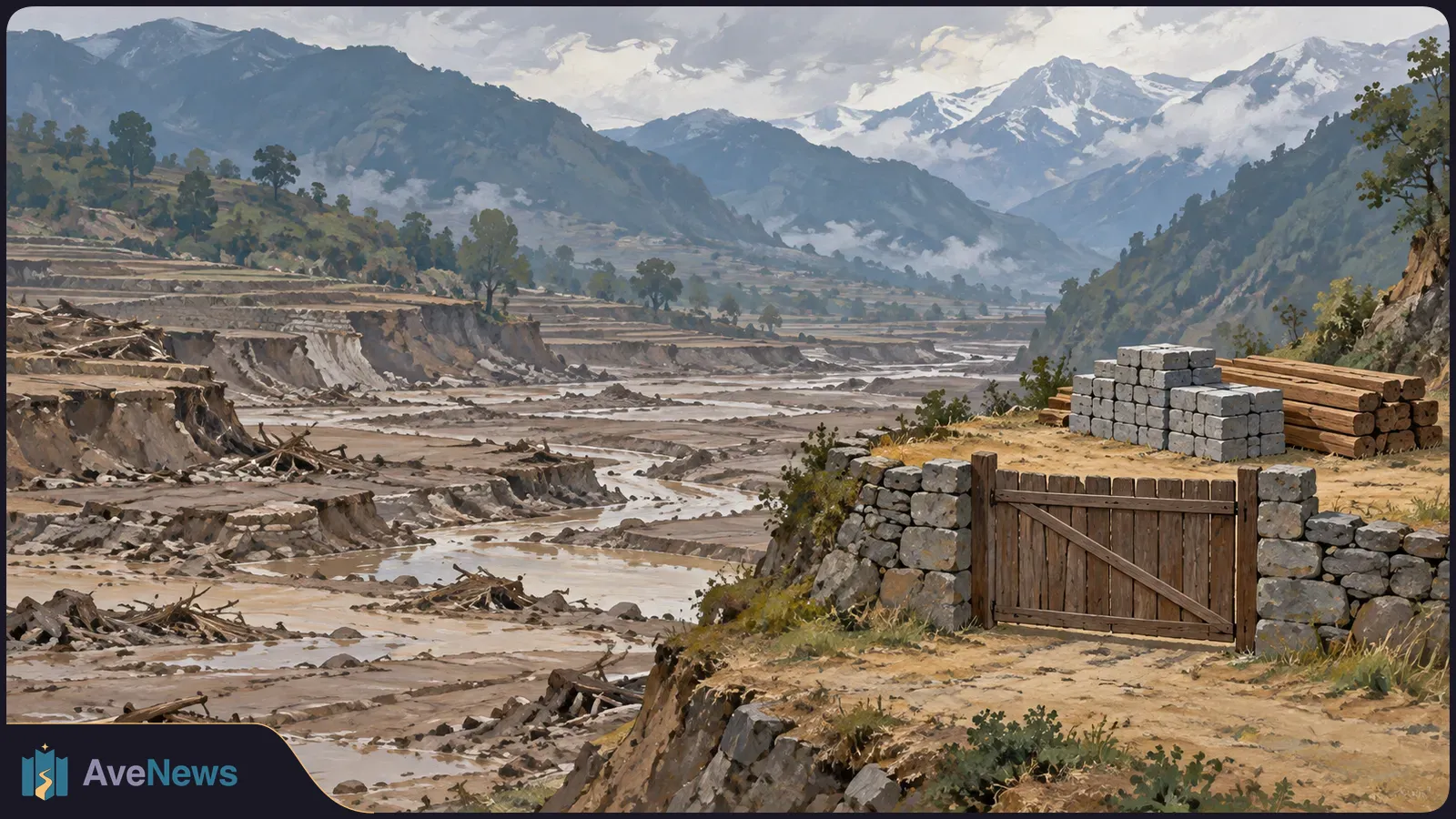 Illustration of a muddy, debris-strewn riverbed between eroded banks, with a wooden gate, stacked building materials and mountains beyond. SI illustration
