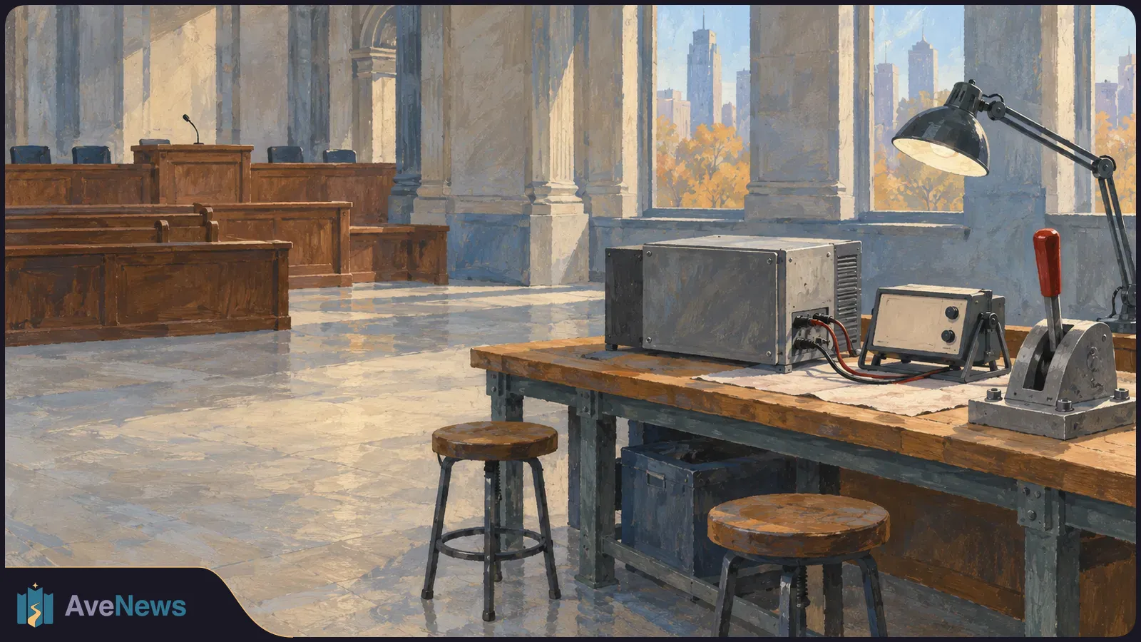Painted chamber with empty wooden benches. A metal device, control box and red-handled lever sit on a workbench beneath a lamp. SI illustration