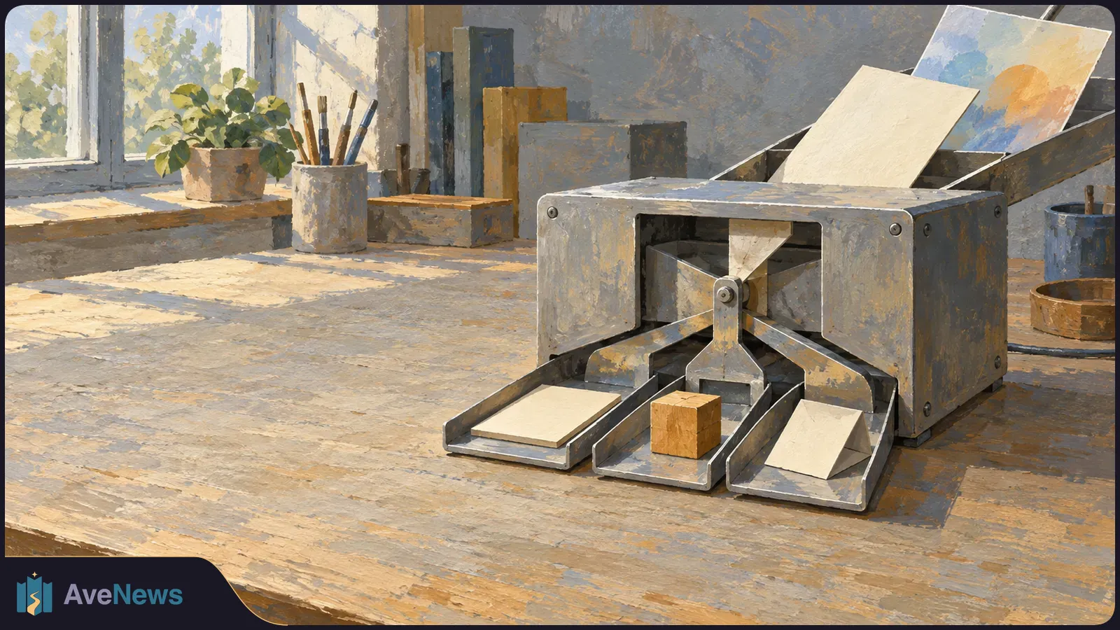 A painted scene of a metal sorter with three trays on a wooden worktable. Blank and colorful sheets sit above it; a sheet, a wooden cube and folded paper rest in the trays. SI illustration
