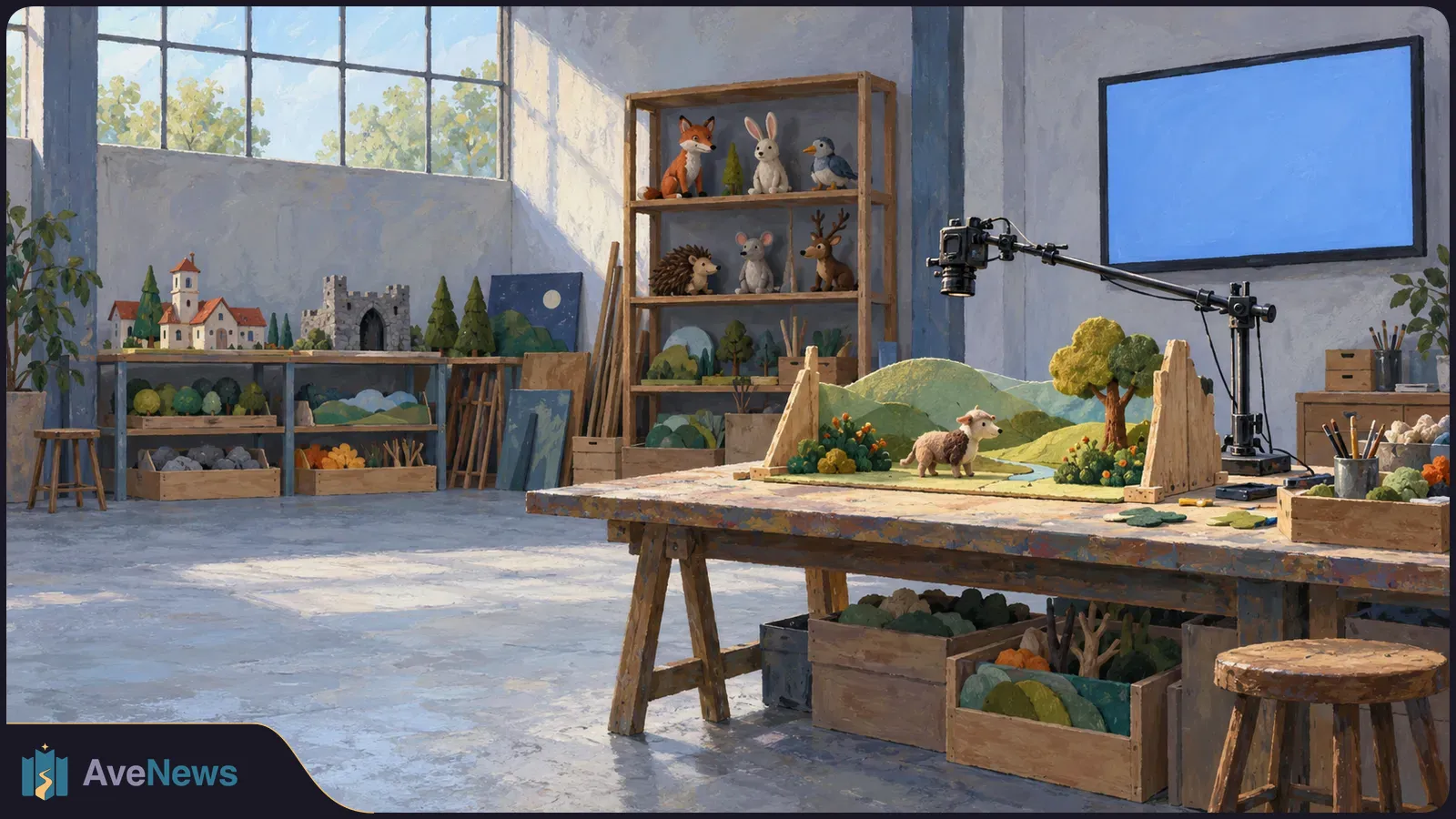 Illustrated children's TV production studio with a camera aimed at a miniature landscape and sheep; shelves hold toy animals, scenery and model buildings. SI illustration