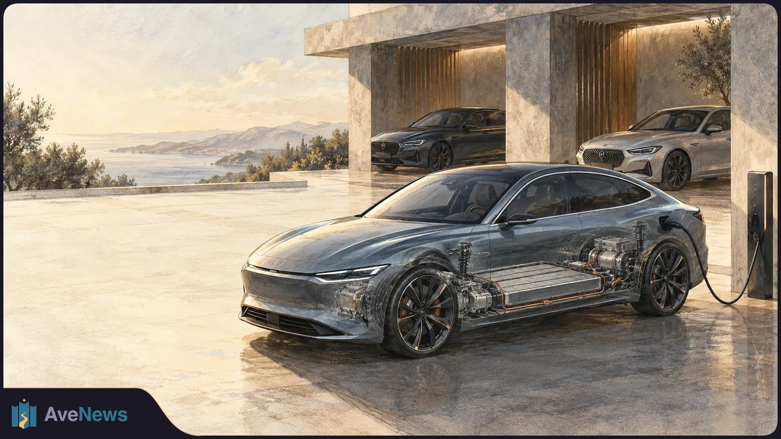 Illustrated electric sedan charging beside a modern house, its transparent side revealing a battery and motors. Two more sedans stand behind it, overlooking the coast. SI illustration
