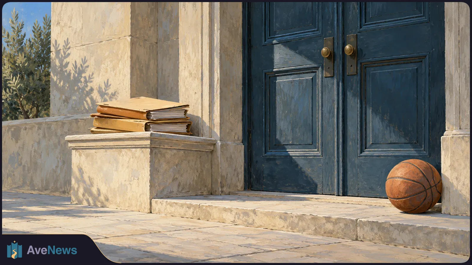 A basketball rests beside dark blue double doors, with a stack of folders on a stone ledge to the left. SI illustration