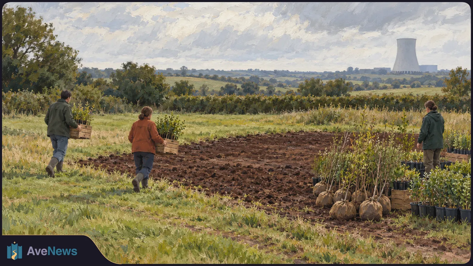 Painted landscape of three people beside a plowed field with crates and potted saplings; a cooling tower stands in the distance under a cloudy sky. SI illustration
