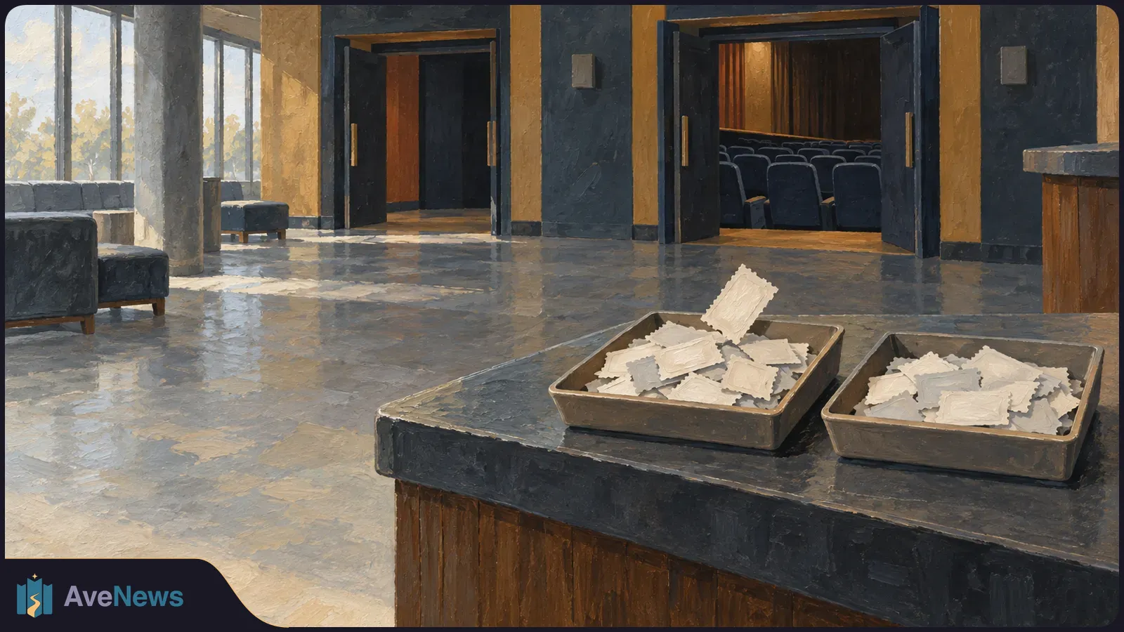 A painted cinema lobby with two trays of blank ticket stubs on a counter; open doors reveal rows of theater seats. SI illustration
