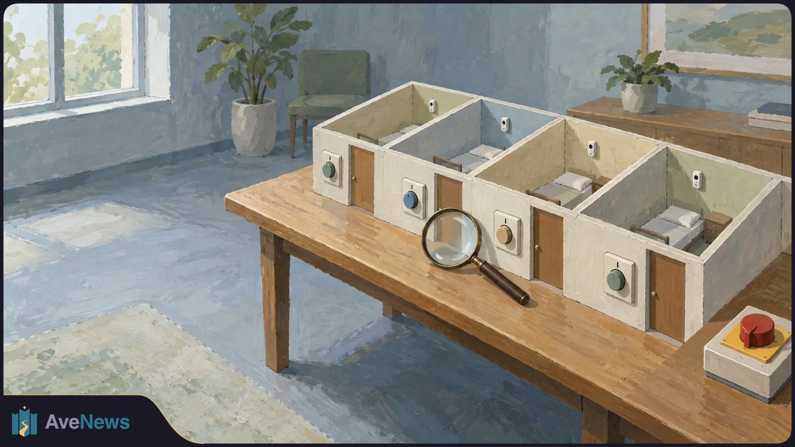 Painted illustration of four miniature rooms with beds and wall-mounted sensors on a wooden table, each with its own knob. A magnifying glass and red button sit nearby. SI illustration