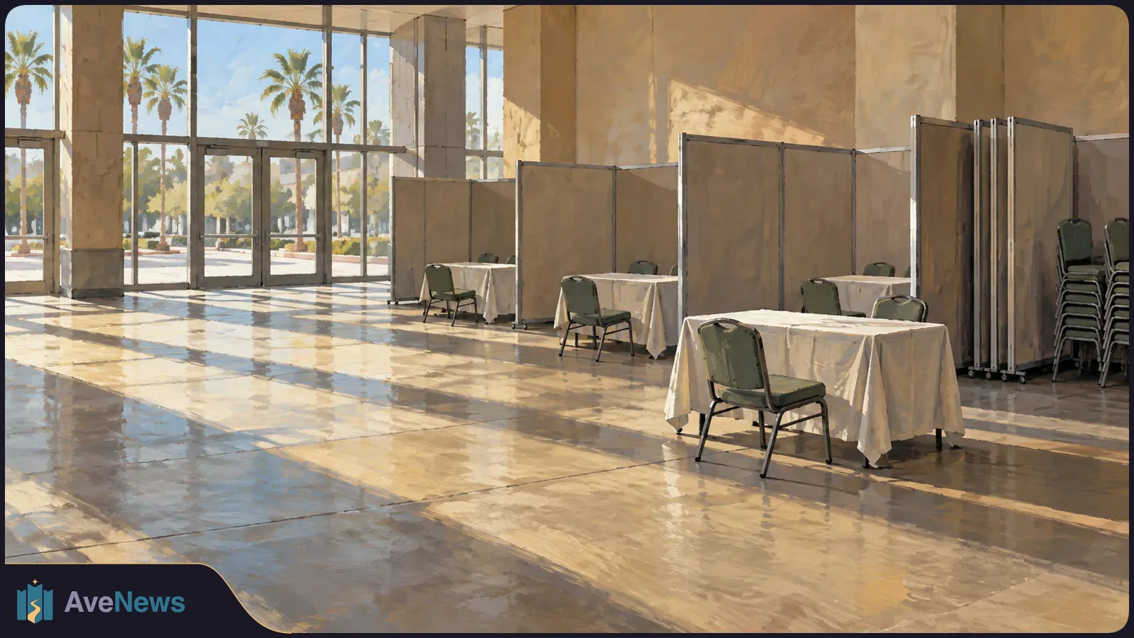 Illustration of an empty sunlit hall with partitioned tables and chairs, glass doors, and palm trees outside. SI illustration