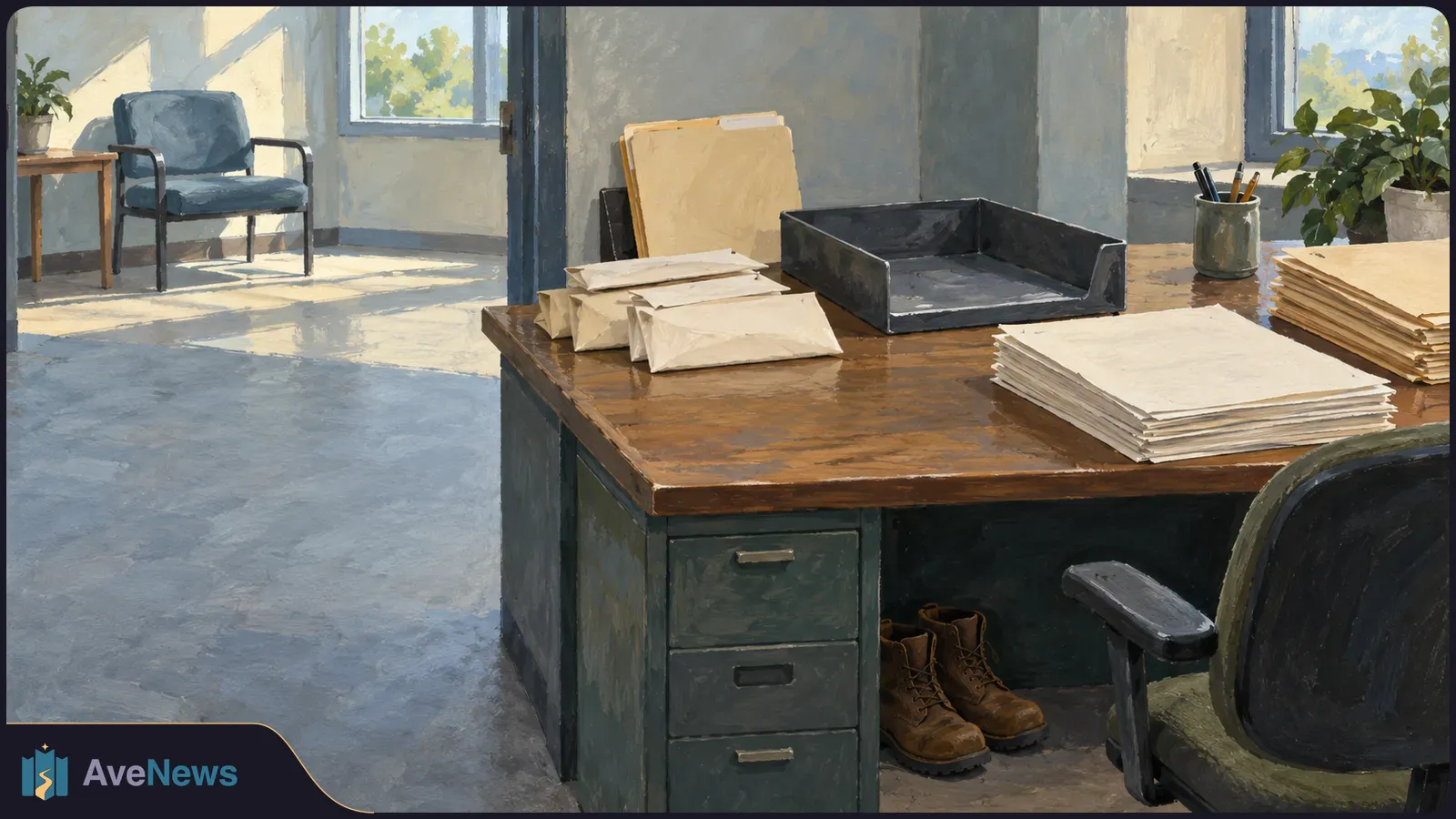 Painted office scene with envelopes, stacks of blank papers and an empty tray on a desk. Work boots sit underneath; empty chairs stand by sunlit windows. SI illustration
