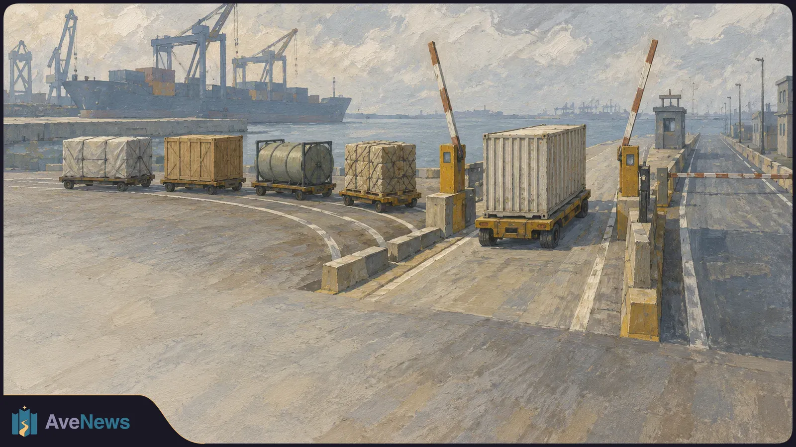 Painterly harbor scene with a cargo ship and cranes across the water, freight carts on the quay, and a container trailer beside raised barriers. SI illustration