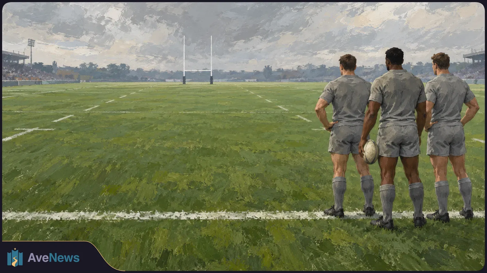 Illustration of three rugby players seen from behind at the edge of a field, one holding a ball, with goalposts and stadium stands in the distance. SI illustration