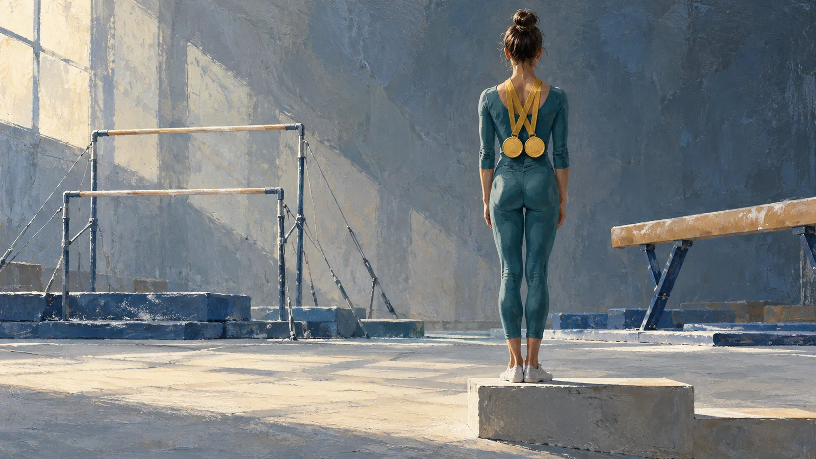 A gymnast seen from behind stands on a podium with two gold medals, between uneven bars and a balance beam in a sunlit gym. SI illustration