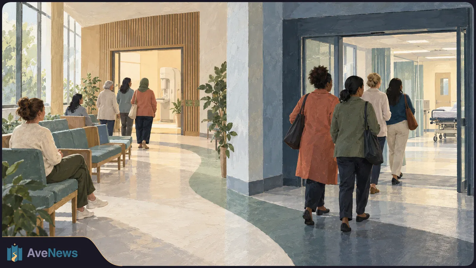 Illustration of women sitting and walking through a bright clinic corridor, with a breast screening machine visible through one doorway and a hospital bed through another. SI illustration