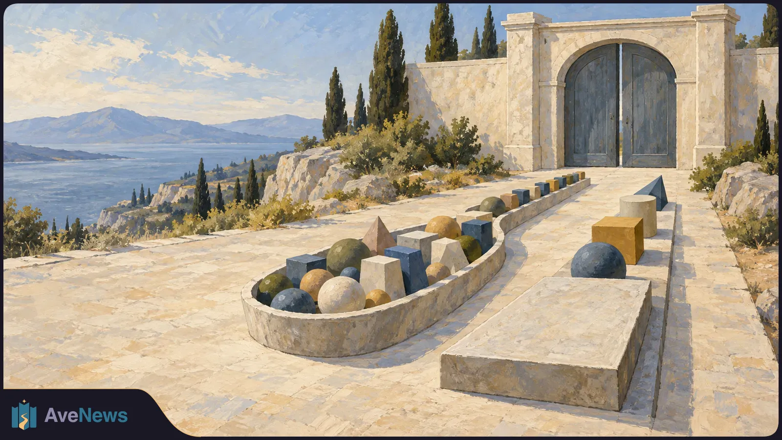Painted coastal terrace with an arched gate and a long stone channel filled with colored spheres and blocks; cypress trees, sea and mountains beyond. SI illustration