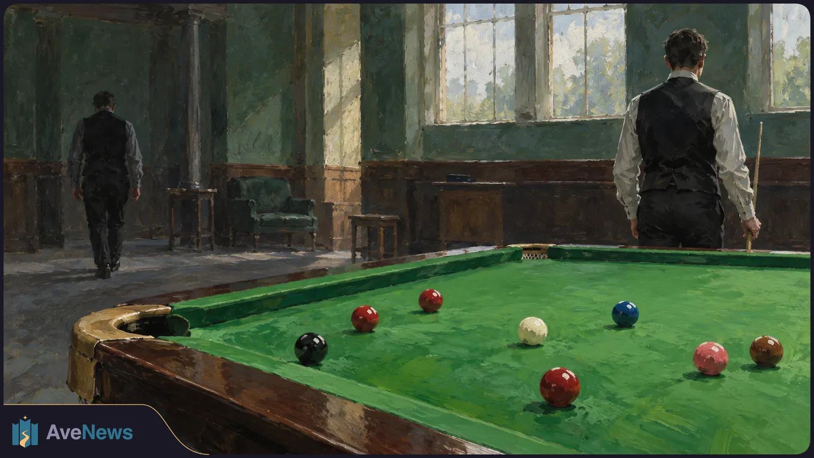 Painterly illustration of a snooker table with scattered balls in a sunlit room. A man stands beside it holding a cue while another walks away. SI illustration