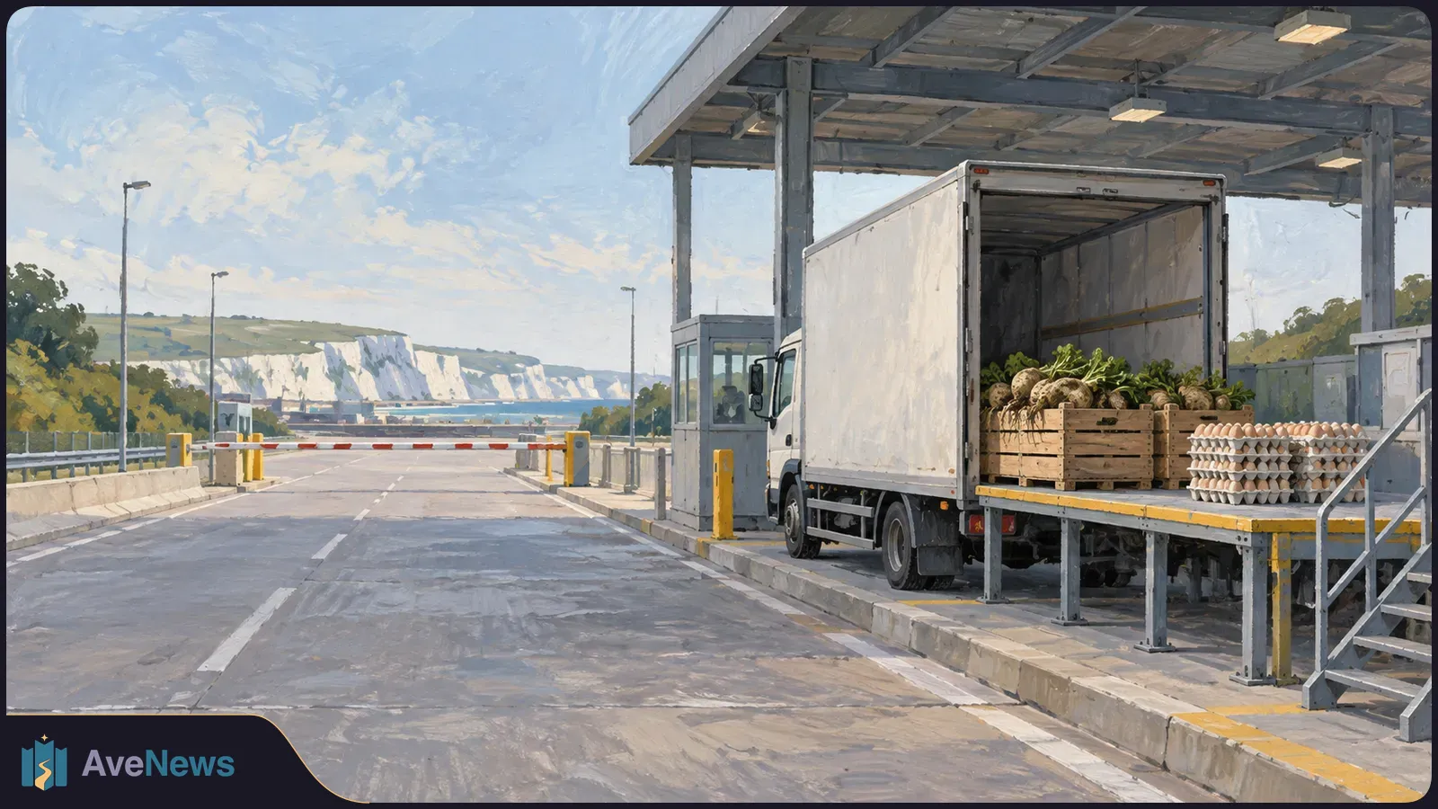 Painted scene of a truck carrying crates of root vegetables and trays of eggs at a border checkpoint, with white cliffs beyond the road. SI illustration