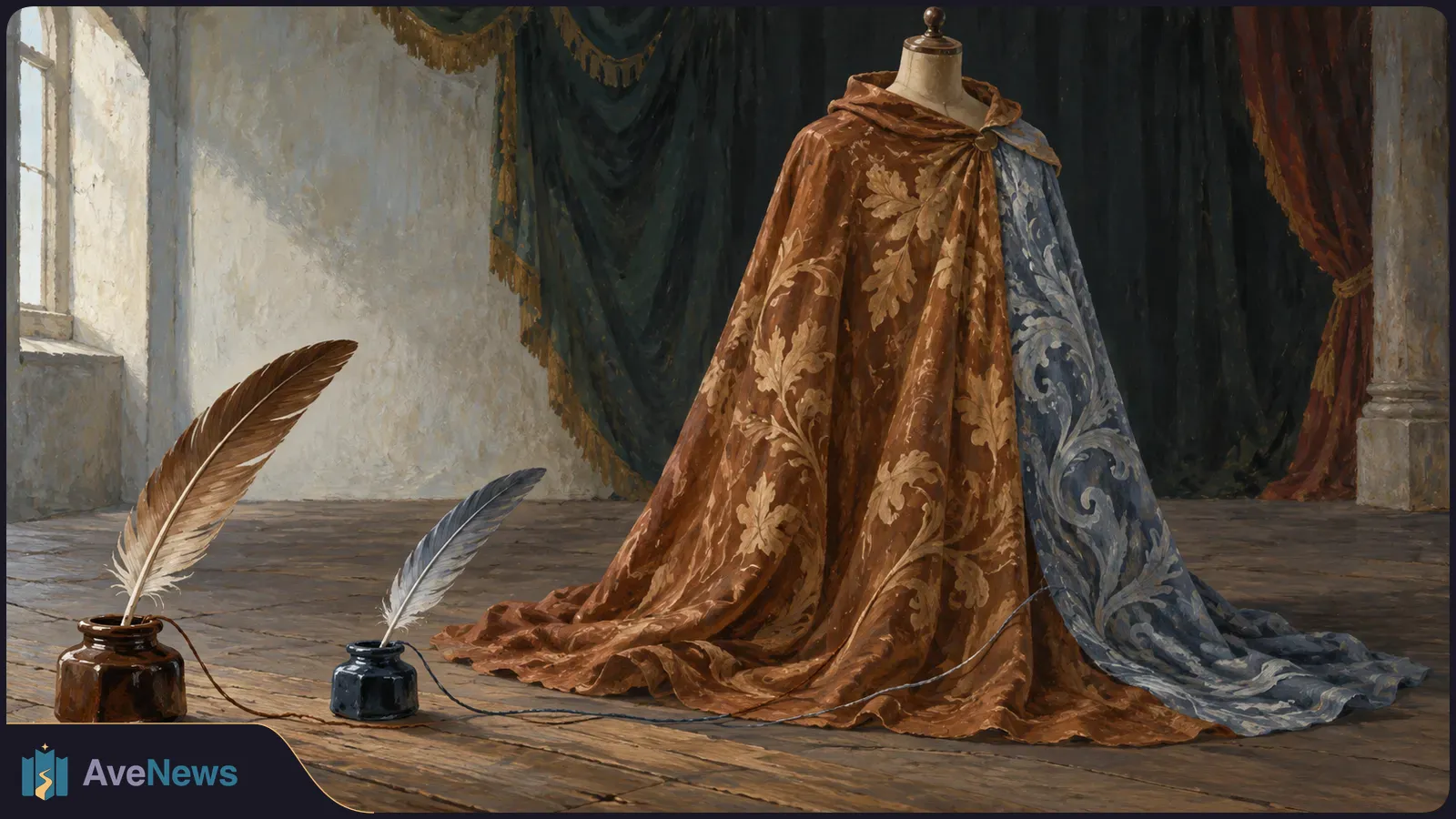 Painted scene of an ornate brown and blue cloak draped over a dress form, with two feather quills in inkpots on the wooden floor. SI illustration