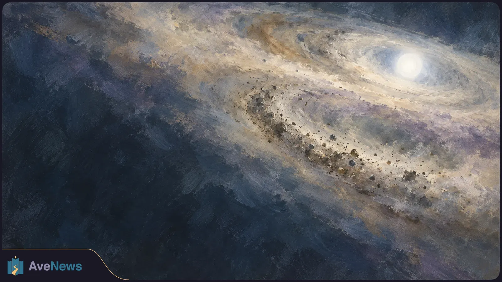 Painterly image of a bright white orb amid sweeping bands of pale dust and scattered rocky fragments against dark space. SI illustration