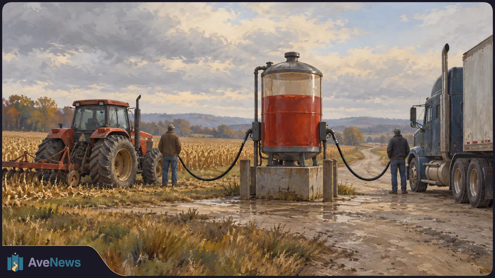 Painted farm scene with a red tractor and a blue truck beside a tank of red liquid. Hoses run from the tank toward both vehicles; two people stand nearby. SI illustration