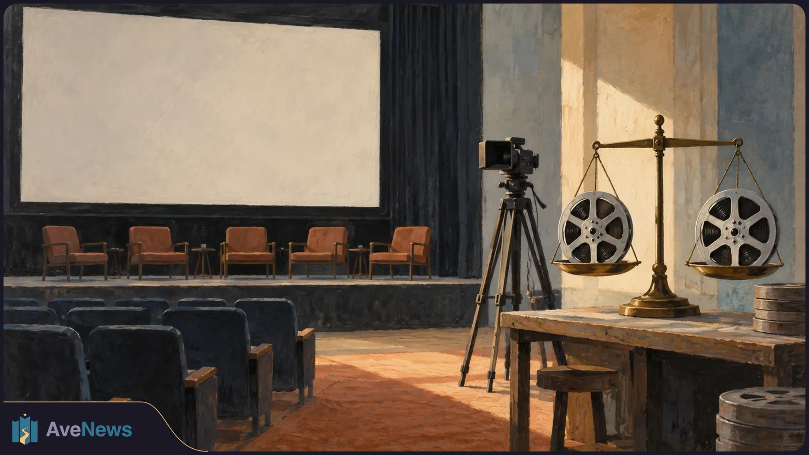 Painted empty screening room with a blank screen, stage chairs, a camera and two film reels balanced on a scale. SI illustration