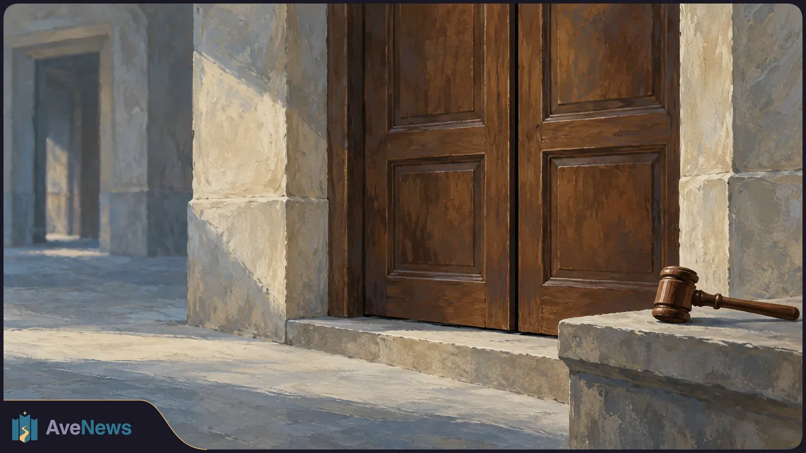 Painted stone corridor with closed wooden double doors and a wooden gavel resting on a ledge in the foreground. SI illustration