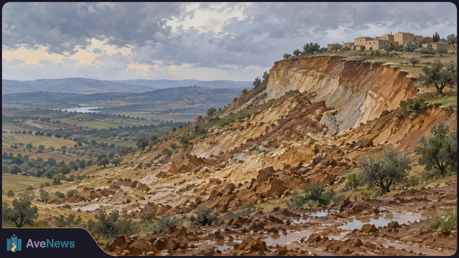 Painted landscape of a broad landslide scar below hilltop buildings, with muddy rubble, puddles, scattered trees and dark clouds over distant hills. SI illustration