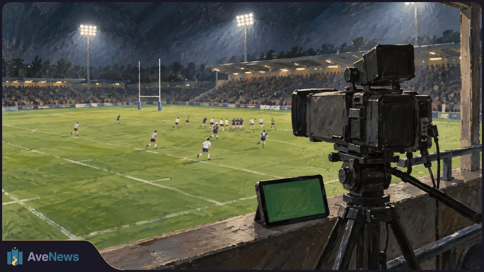 A painted night rugby scene: players run across a floodlit field, with a large broadcast camera and a blank green monitor in the foreground. SI illustration