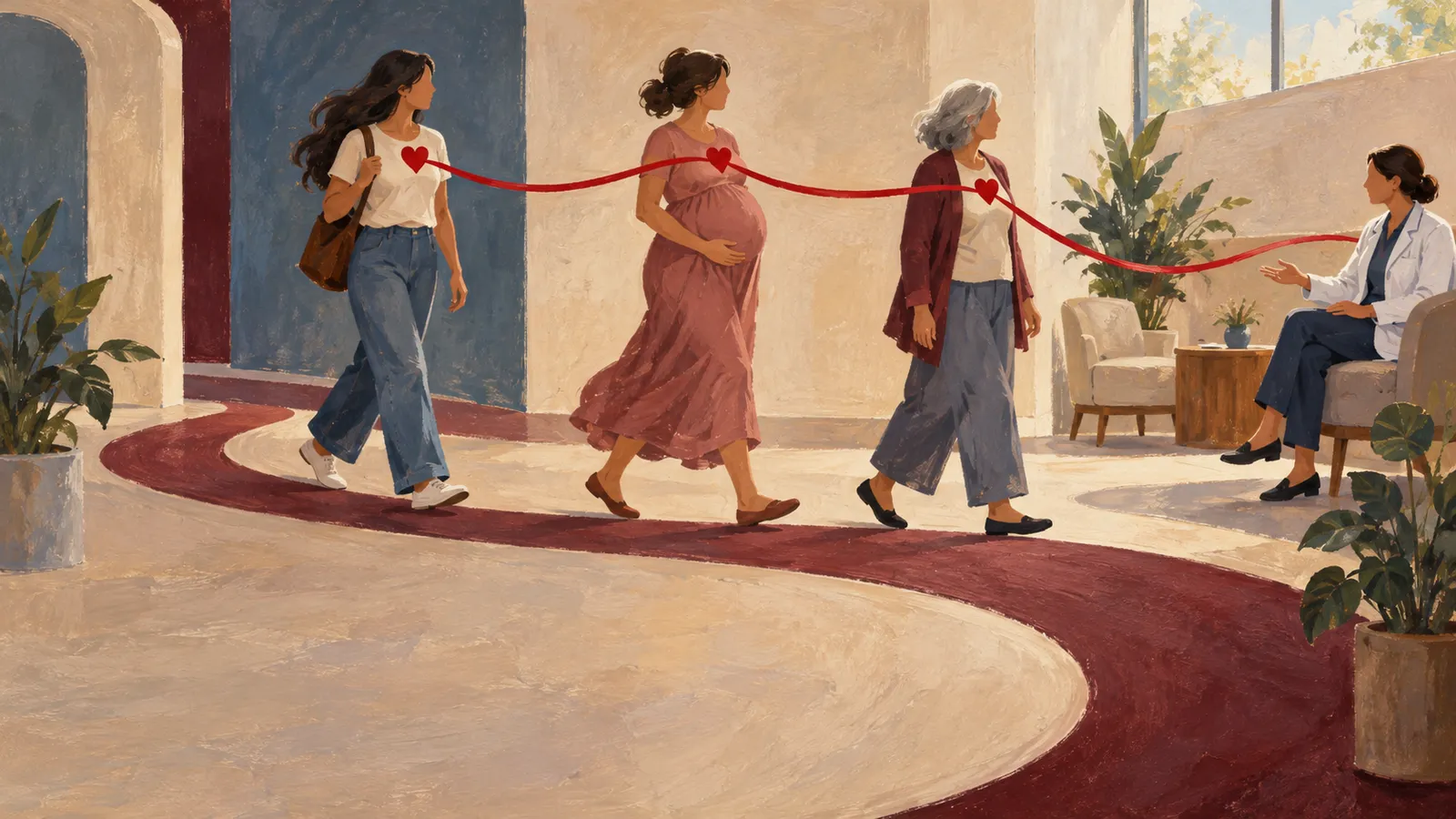 Three women, including a pregnant woman, walk toward a seated clinician. A red line links hearts on their chests in a plant-filled room. SI illustration
