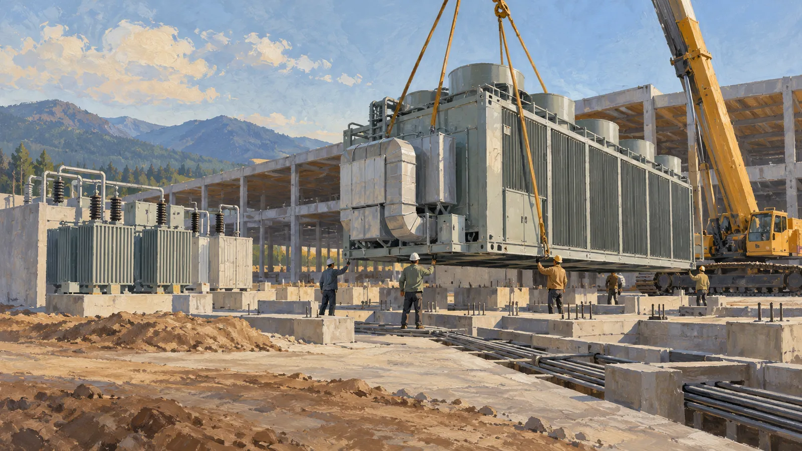 Illustration of workers guiding a large industrial unit suspended from a crane at a construction site, with electrical equipment and mountains behind. SI illustration