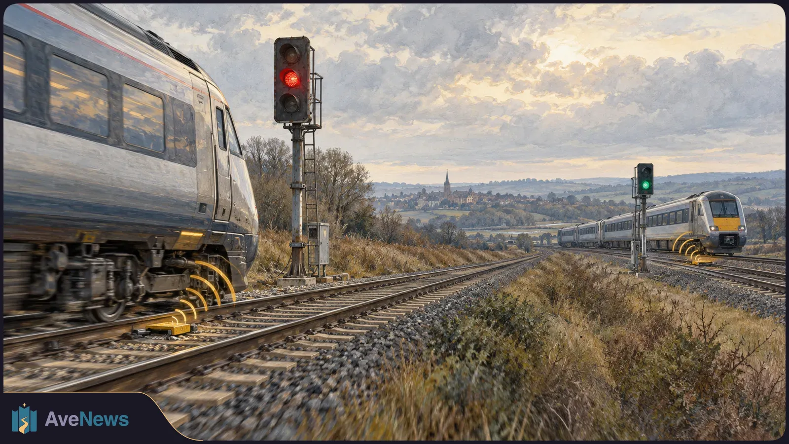Illustration of two trains on separate tracks beneath a cloudy sky, with a red signal beside the nearer train and a green signal beside the distant train. SI illustration