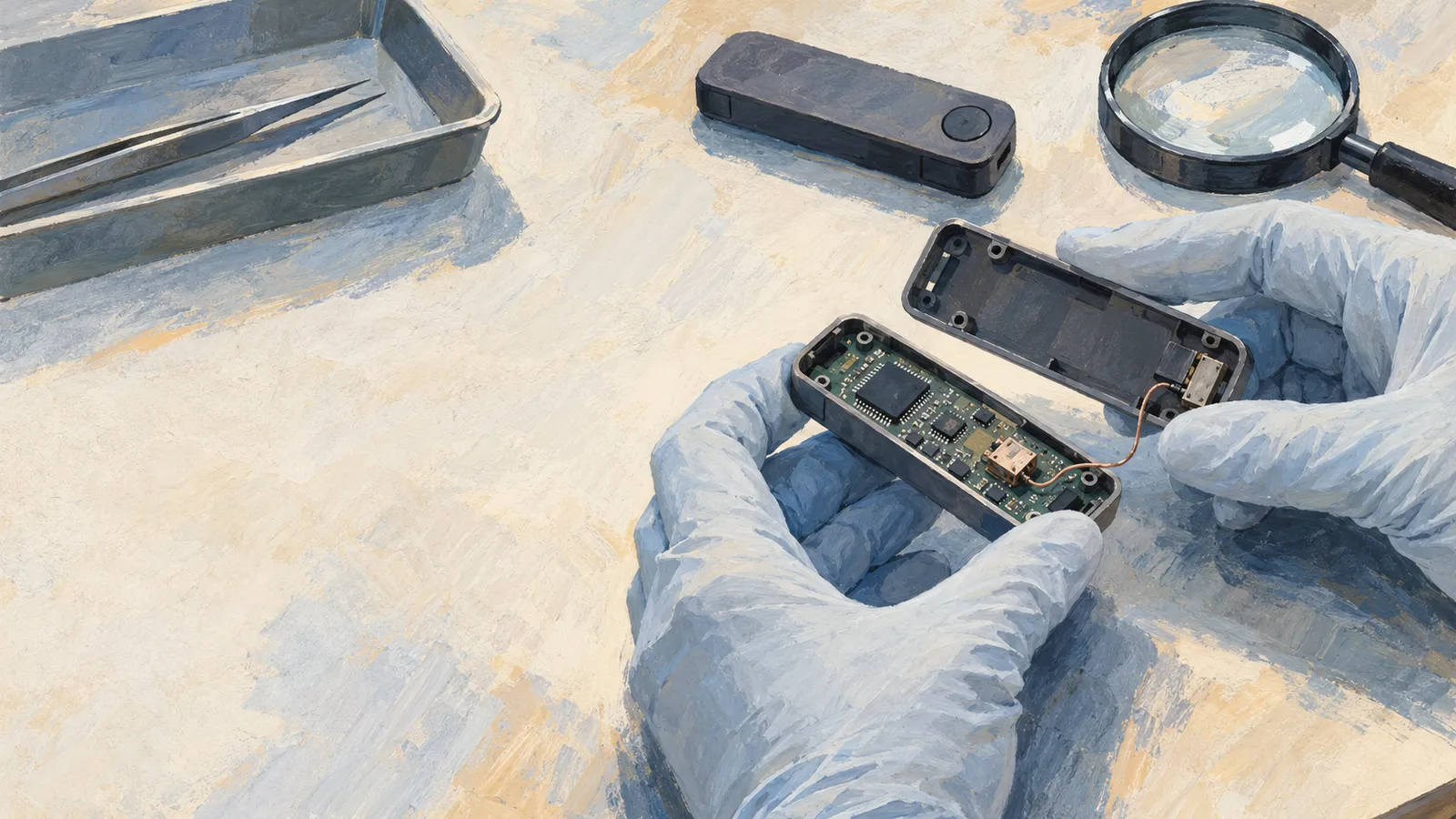 Illustration of gloved hands holding an opened electronic device with an exposed circuit board, beside a magnifying glass, tweezers and another black device. SI illustration