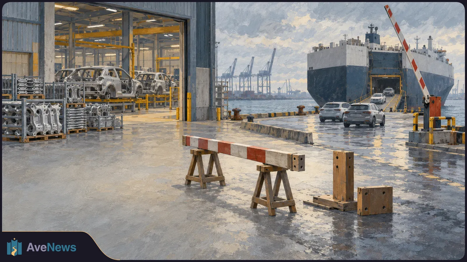 Painted dockside scene with unfinished car bodies in a factory, cars beside a large vehicle carrier, and a striped barrier in the foreground. SI illustration