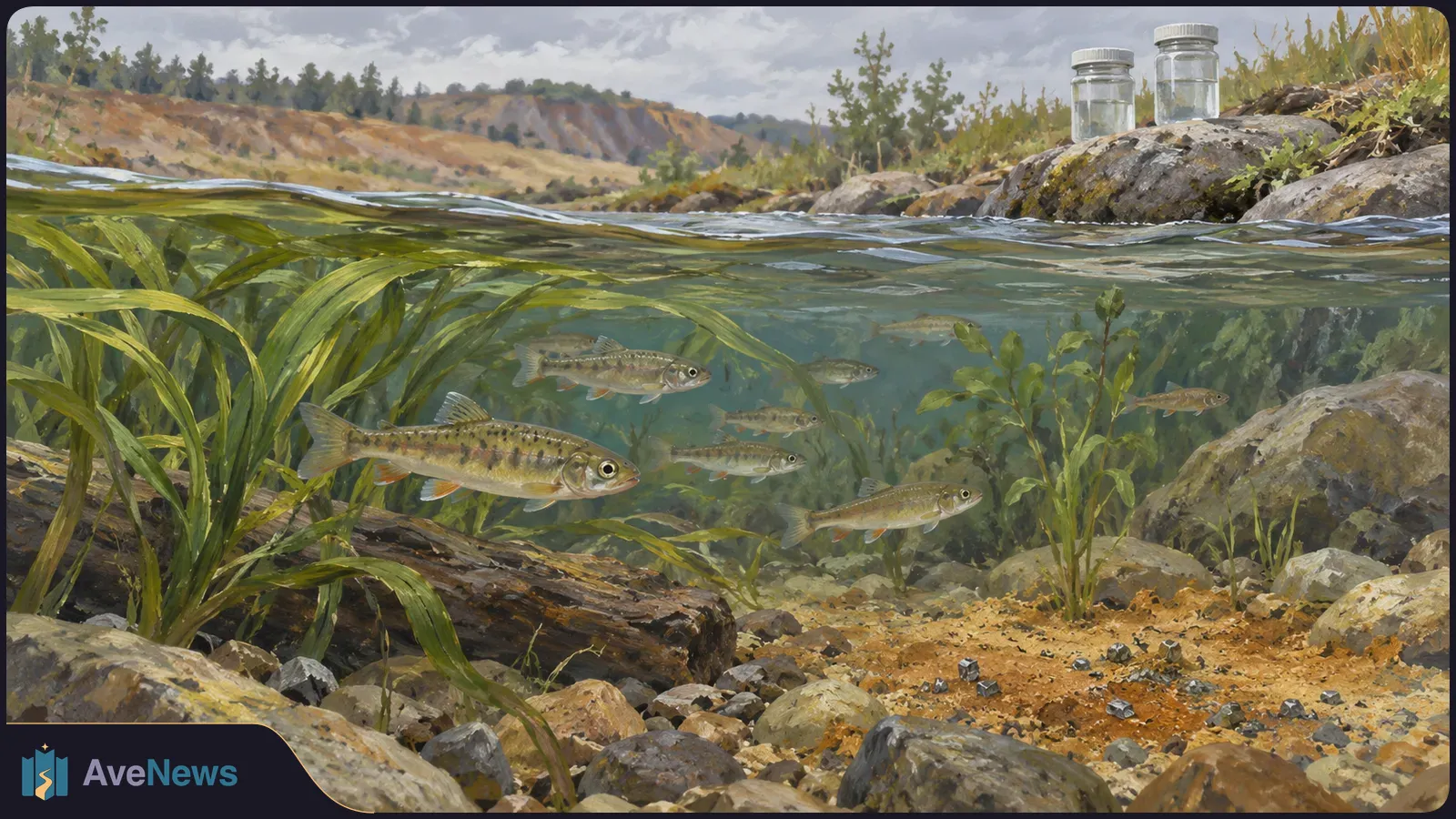 Illustration of fish swimming among plants and rocks in a stream, with two clear sample jars on the bank above the water. SI illustration