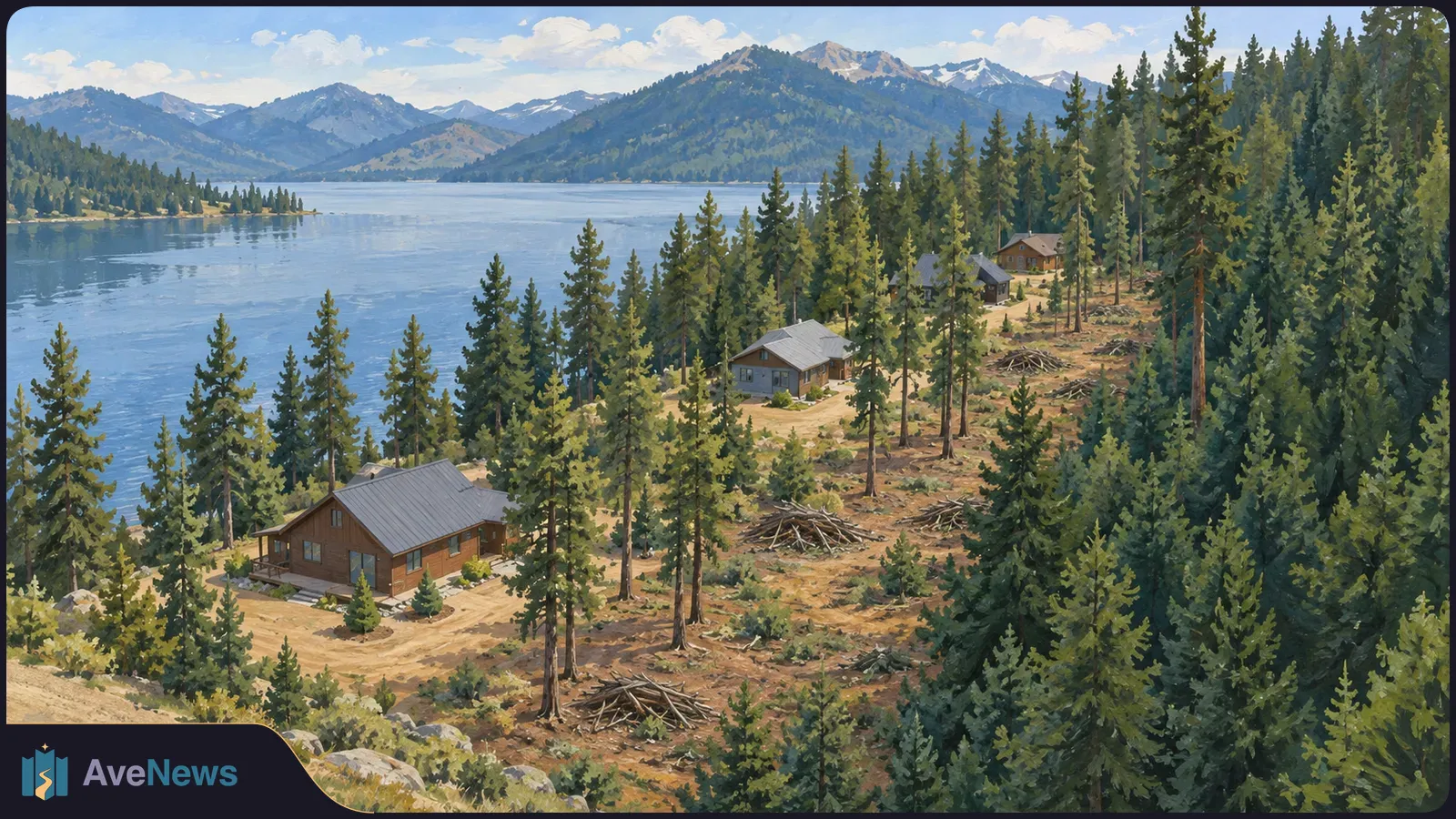 Painted lakeside landscape with cabins among pines, cleared ground and piles of branches in the foreground, and mountains beyond the water. SI illustration