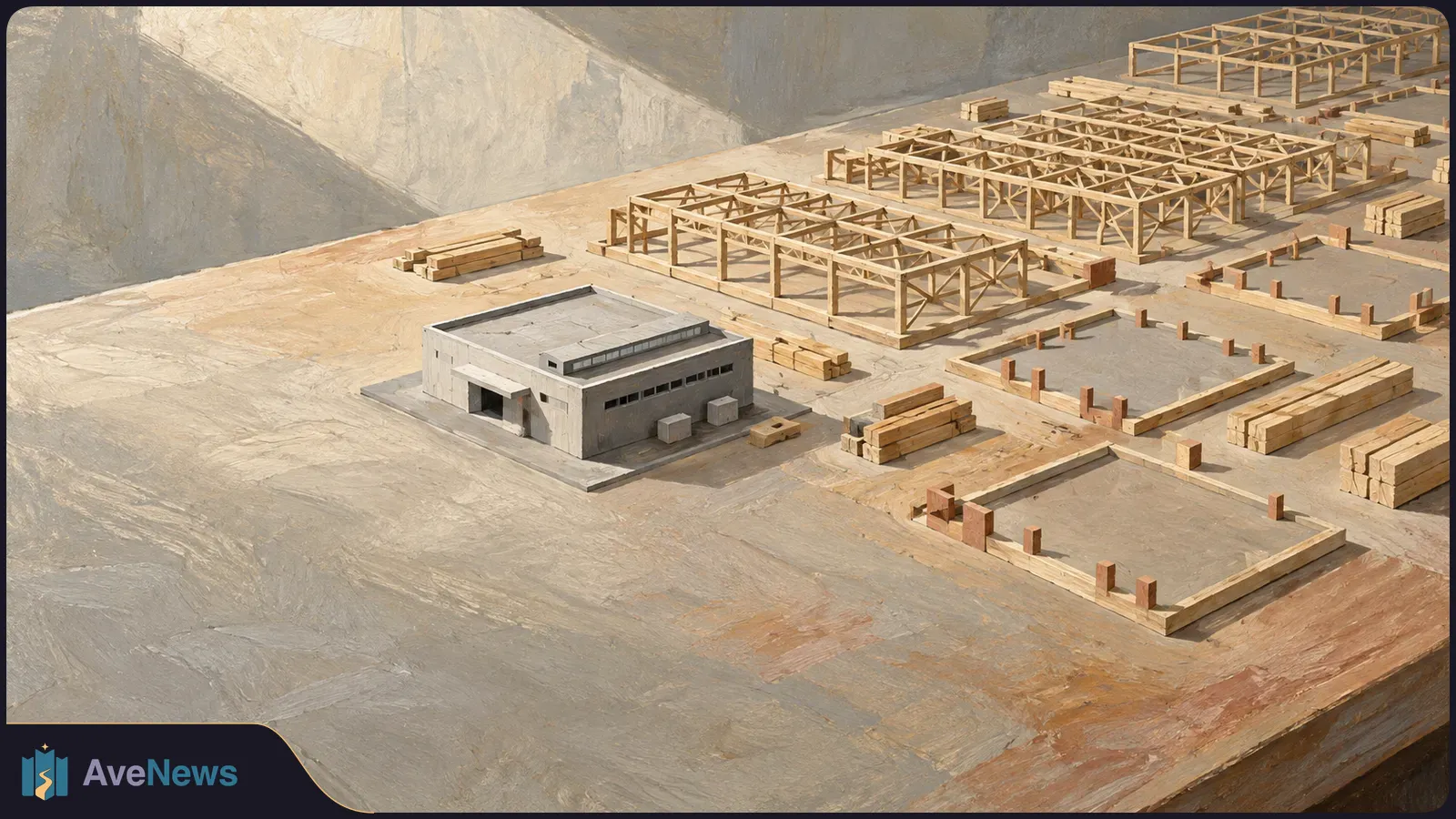 Painted aerial view of a small gray building beside several wooden building frames, foundations and stacks of lumber on a bare construction site. SI illustration