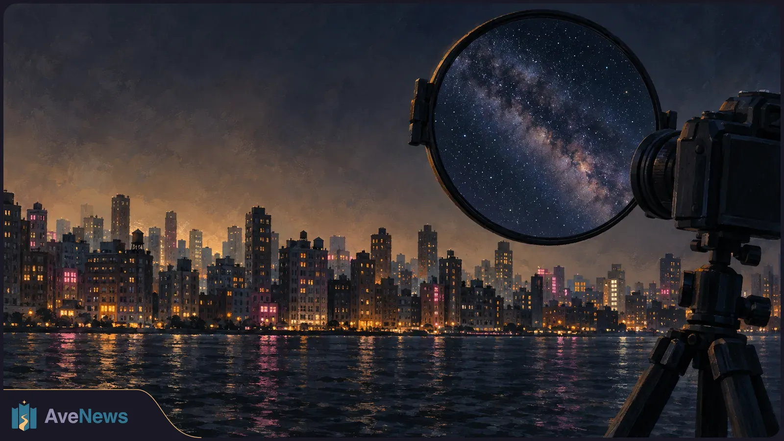 Illustration of a camera on a tripod beside a dark waterfront skyline. A large circular filter in front of the lens shows the Milky Way against a starry sky. SI illustration