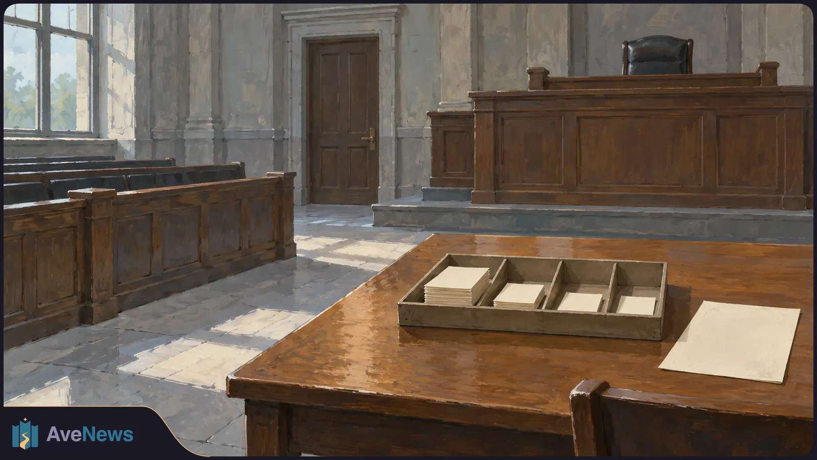 Painted empty courtroom with wooden benches and a judge’s bench. A sunlit table holds a divided tray of blank papers. SI illustration