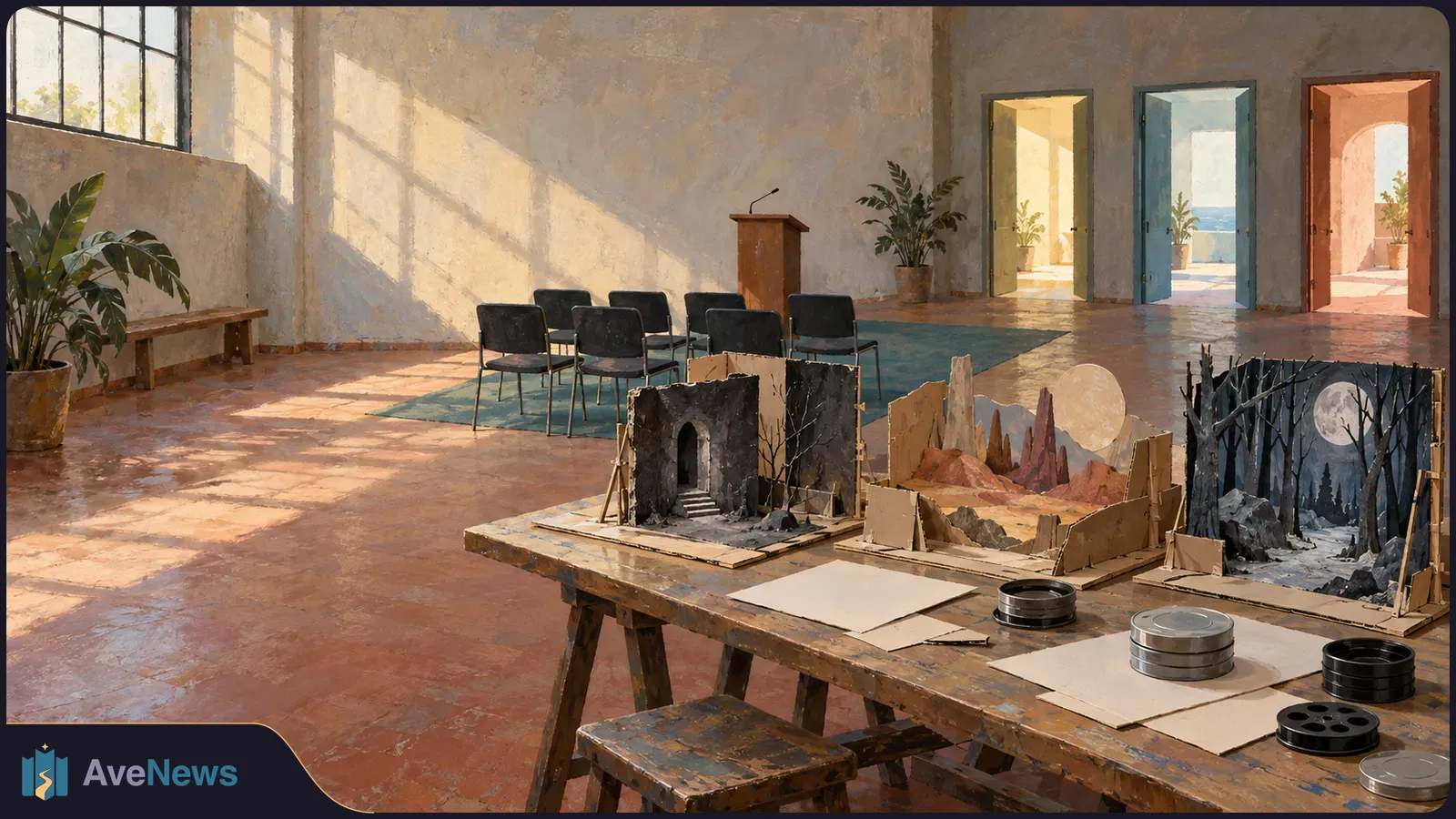 In a sunlit hall, miniature sets depicting a dark archway, desert rocks and a moonlit forest sit beside film reels. Empty chairs face a lectern. SI illustration