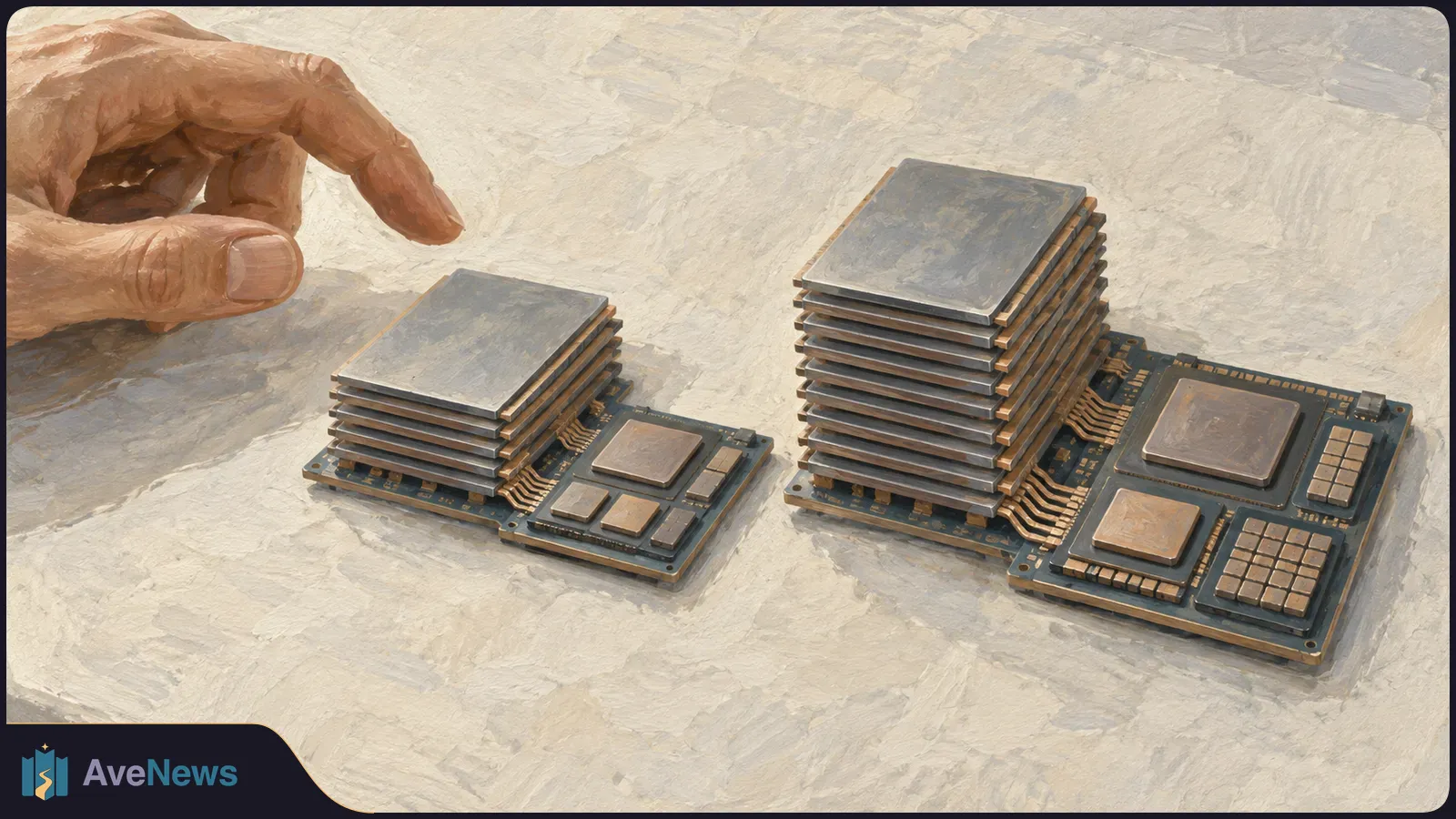 A painted hand hovers over two circuit boards with stacks of metallic chips, one stack taller than the other. SI illustration