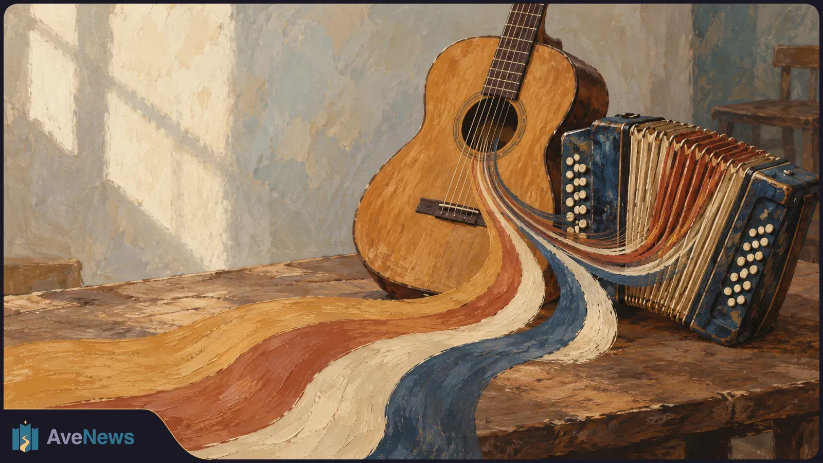 Painted guitar and button accordion rest on a wooden table, with flowing bands of ochre, rust, cream and blue extending across it. SI illustration